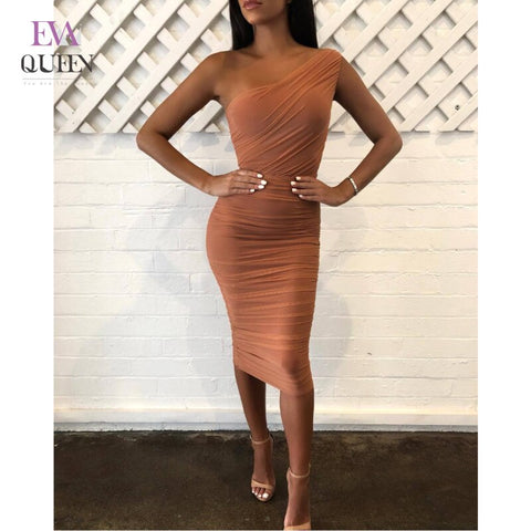 Evaqueen Mesh Solid White Tight Midi Dress Women One Shoulder Backless Ruched Midi Dresses Zipper Sexy Party Club Vestidos 2022