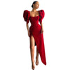 Evening Party Dress Women Elegant Short Lantern Sleeve Square Collar High Side Slit Long Maxi Dress Wedding Prom Gown Red Dress