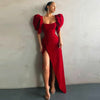 Evening Party Dress Women Elegant Short Lantern Sleeve Square Collar High Side Slit Long Maxi Dress Wedding Prom Gown Red Dress
