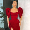 Evening Party Dress Women Elegant Short Lantern Sleeve Square Collar High Side Slit Long Maxi Dress Wedding Prom Gown Red Dress