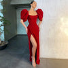 Evening Party Dress Women Elegant Short Lantern Sleeve Square Collar High Side Slit Long Maxi Dress Wedding Prom Gown Red Dress
