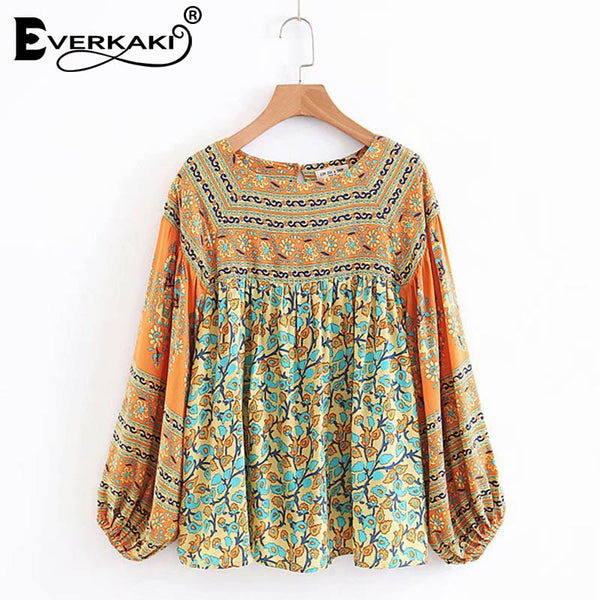 Bohemian Floral Chiffon Blouse Women Tops Gypsy Shirts Lantern Long Sleeve Boho Womens Tops And Blouses Autumn
