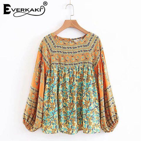 Bohemian Floral Chiffon Blouse Women Tops Gypsy Shirts Lantern Long Sleeve Boho Womens Tops And Blouses Autumn