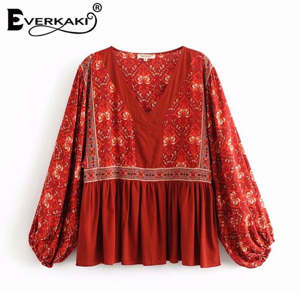 Red Boho Blouse Shirt Sleeve Long Floral Print Bohemian Blouses Peplum Top Cotton V Neck Women Tops And Blouses 2022
