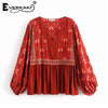 Red Boho Blouse Shirt Sleeve Long Floral Print Bohemian Blouses Peplum Top Cotton V Neck Women Tops And Blouses 2022