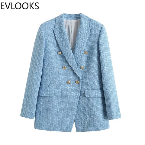 Evfer Spring Autumn Chic Lady Double Breasted Za Long Jackets Office Lady Casual Texture Blazers Womens Blue Outwear