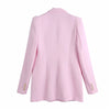 Evfer Spring Autumn Girl Double Breasted Za Pink Long Blazer Outwear Women Stylish Long Sleeve Slim Woolen Jackets Chic