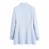 Evfer Spring Autumn Stylish Girl Double Breasted Za Blue Slim Long Blazers Women Casual Long Sleeve Texture Plaid Jacket Outwear