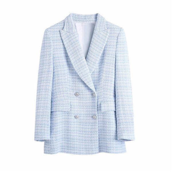 Evfer Spring Autumn Stylish Girl Double Breasted Za Blue Slim Long Blazers Women Casual Long Sleeve Texture Plaid Jacket Outwear