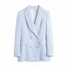 Evfer Spring Autumn Stylish Girl Double Breasted Za Blue Slim Long Blazers Women Casual Long Sleeve Texture Plaid Jacket Outwear
