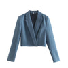 Evfer Womens Spring Autumn V-Neck Za Short Blue Jackets Office Lady High Waist Casual Blazer With Skirts Suits Female Solid Suit