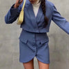 Evfer Womens Spring Autumn V-Neck Za Short Blue Jackets Office Lady High Waist Casual Blazer With Skirts Suits Female Solid Suit