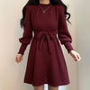 Ezgaga Lace-up Sweater Dress Women Lantern Long Sleeve Solid Korean Autumn Winter Bottoming Female Knitted Dresses