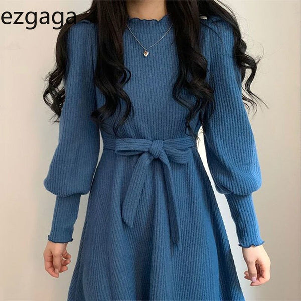 Ezgaga Lace-up Sweater Dress Women Lantern Long Sleeve Solid Korean Autumn Winter Bottoming Female Knitted Dresses