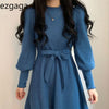 Ezgaga Lace-up Sweater Dress Women Lantern Long Sleeve Solid Korean Autumn Winter Bottoming Female Knitted Dresses