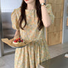 Ezgaga Vintage Floral Midi Dress Women O Neck Puff Short Sleeve Summer 2022  Korean  Slim Waist Loose Lace-up Chic