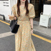 Ezgaga Vintage Floral Midi Dress Women O Neck Puff Short Sleeve Summer 2022  Korean  Slim Waist Loose Lace-up Chic