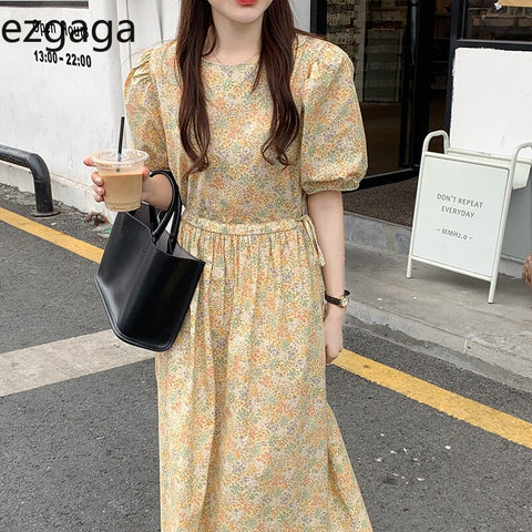 Ezgaga Vintage Floral Midi Dress Women O Neck Puff Short Sleeve Summer 2022  Korean  Slim Waist Loose Lace-up Chic