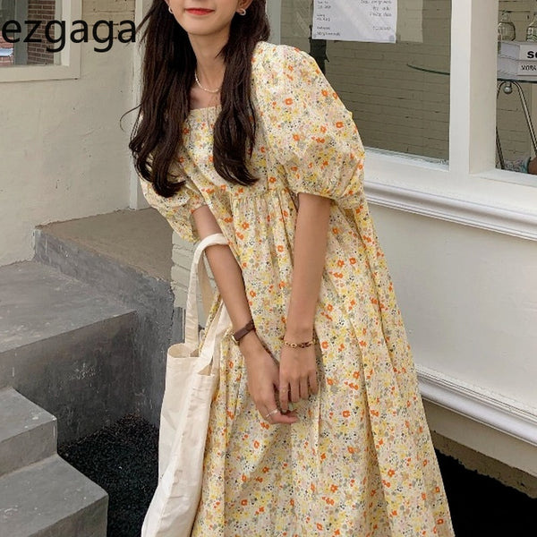 Ezgaga Women Dress 2022 Summer Korean Chic Floral Printed Square Collar Loose Vintage Gentle  Puff Sleeve Vestido