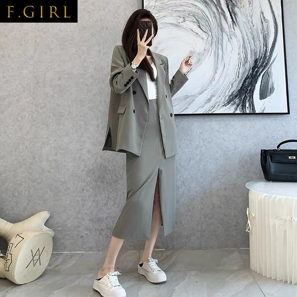 F GIRLS Autumn Blazer Skirt Suits Korean Two Piece Set Long Sleeve Suit Jacket + Split Skirt Elegant Office Lady 2 Piece Outfits