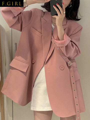 F GIRLS Korean Style Blazer Women 2023 Long Sleeve Notched Collar Lace-up Coat Female Loose Office Lady Suit Jacket Vintage