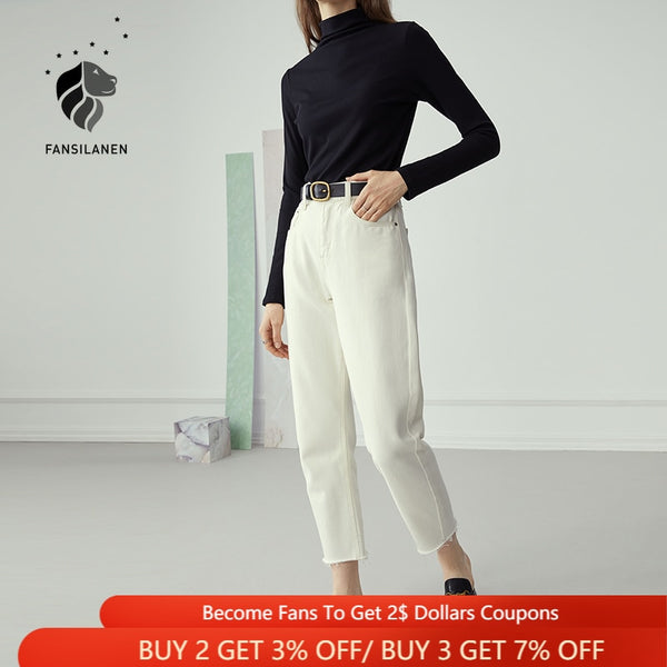 FANSILANEN Cotton Tassel Fringe White Straight Jeans Women High Waist Ripped Jeans Female Spring Oversize Casaul Denim Pants