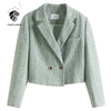 FANSILANEN Green Tweed Plaid Short Blazer Women Elegant Office Oversized Blazer Jacket Female Casual Streetwear Spring Coat 2022