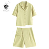 FANSILANEN Office Lady Classic Free Easy Casual Green Suit Collar Shirt 2023 Summer Skirt Polyester Suit For Women Clothes