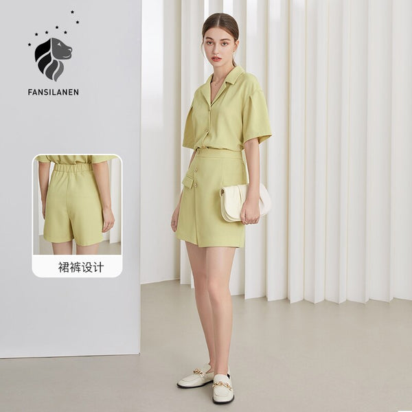 FANSILANEN Office Lady Classic Free Easy Casual Green Suit Collar Shirt 2023 Summer Skirt Polyester Suit For Women Clothes