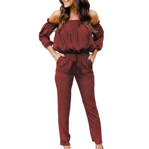 Sexy Wave Point rompers womens jumpsuit long pants Ladies Long Sleeve Off Shoulder Playsuit romper playsuit dropping#1B