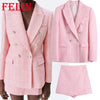 FELIN Za Chic Pink Office Lady Blazer Women Plaid V Neck Double Buttons Pockets Loose Long Jackets Women 2022 Chic Tops