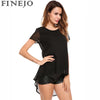 Women Batwing Chiffon Blouse Tops Shirt Short Sleeve Asymmetrical Hem Back Split Pleated Hollow Out With Lining Shirt