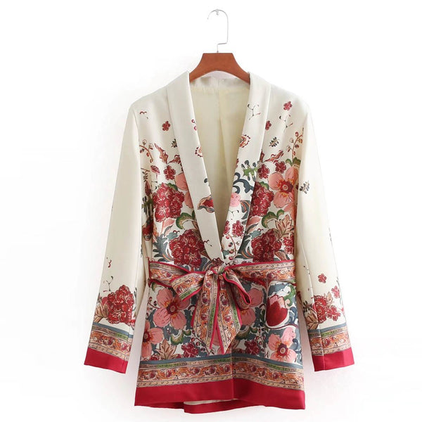 Stylish Ethnic Floral Pattern Turn-down Collar Blazers With Belt Long Sleeve Outwear Fashion Women Sashes Tops Suit Coat