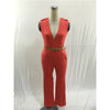 FK1492 Women Summer Fashion Jumpsuits Sleeveless V-neck Waist Belt Solid color Rompers Full Length Pants Barboteuse Coveralls