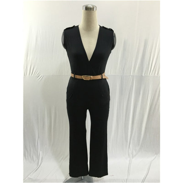 FK1492 Women Summer Fashion Jumpsuits Sleeveless V-neck Waist Belt Solid color Rompers Full Length Pants Barboteuse Coveralls