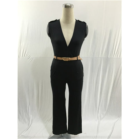 FK1492 Women Summer Fashion Jumpsuits Sleeveless V-neck Waist Belt Solid color Rompers Full Length Pants Barboteuse Coveralls