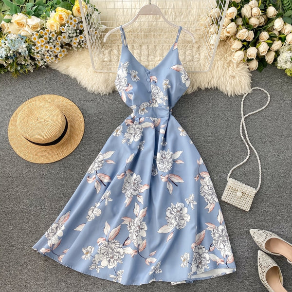 FMFSSOM Boho V Neck 2023 Floral Print Slim Sexy Spaghetti Strap Midi Long Summer Casual Party Women A-Line Beach Holiday Dress
