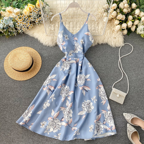FMFSSOM Boho V Neck 2023 Floral Print Slim Sexy Spaghetti Strap Midi Long Summer Casual Party Women A-Line Beach Holiday Dress