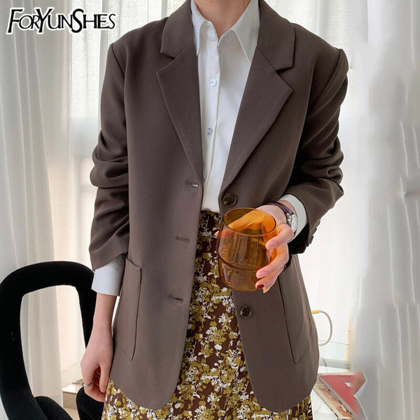FORYUNSHES Office Ladies Business Blazer Suits Women Notched Vintage Long Sleeve Jacket Single-breasted Formal Clothes 2022 New