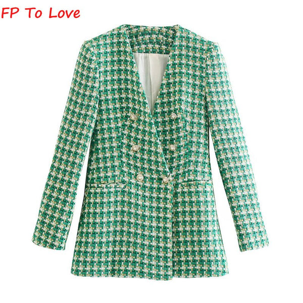 FP TO LOVE 2023 Spring And Autumn French Retro Double-breasted Casual Suit Jacket V-neck Long-sleeved Top Green Women's Outfit