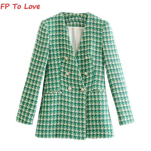 FP TO LOVE 2023 Spring And Autumn French Retro Double-breasted Casual Suit Jacket V-neck Long-sleeved Top Green Women's Outfit