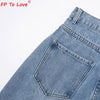 FP To Love Woman Design Jeans 2022 Spring Autumn Street Style Ripped Cut Full Length High Waist Light Blue Zipper Wide Leg Pants