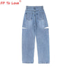 FP To Love Woman Design Jeans 2022 Spring Autumn Street Style Ripped Cut Full Length High Waist Light Blue Zipper Wide Leg Pants