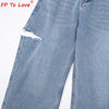FP To Love Woman Design Jeans 2022 Spring Autumn Street Style Ripped Cut Full Length High Waist Light Blue Zipper Wide Leg Pants