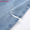 FP To Love Woman Design Jeans 2022 Spring Autumn Street Style Ripped Cut Full Length High Waist Light Blue Zipper Wide Leg Pants