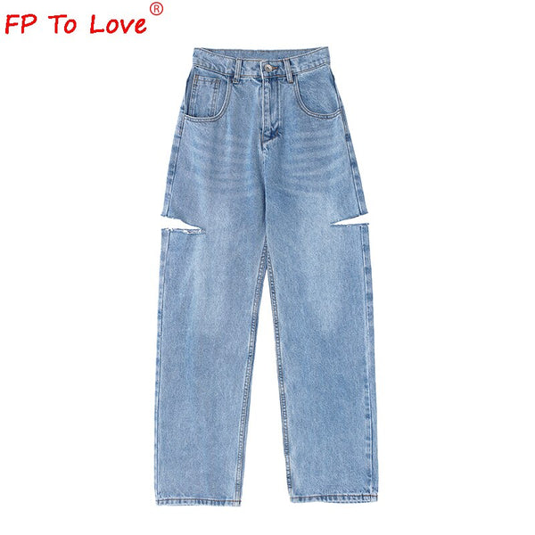 FP To Love Woman Design Jeans 2022 Spring Autumn Street Style Ripped Cut Full Length High Waist Light Blue Zipper Wide Leg Pants