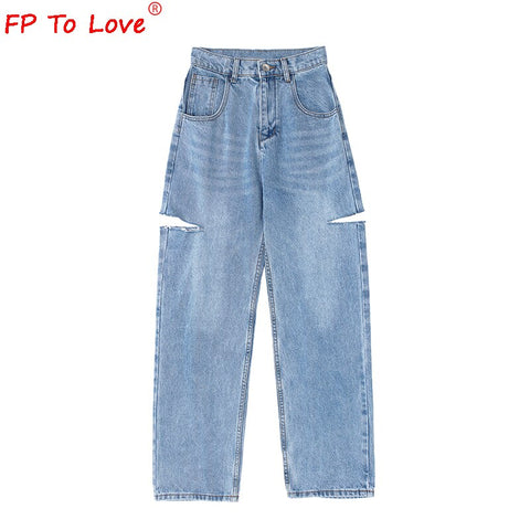 FP To Love Woman Design Jeans 2022 Spring Autumn Street Style Ripped Cut Full Length High Waist Light Blue Zipper Wide Leg Pants