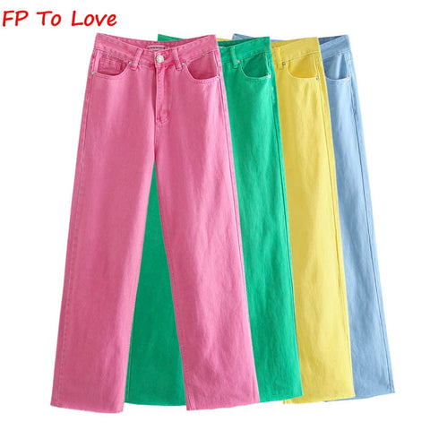 FP To Love Za Woman Vintage Wide Leg Pants Jeans Pink Green Blue Yellow 2022 Autumn Spring Street s Trousers