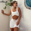 FQLWL Spring Bandage White Skinny Shorts Suits Sexy 2 Two Piece Sets Tracksuit Women Outfits Solid Cami Strap Backless Tank Top