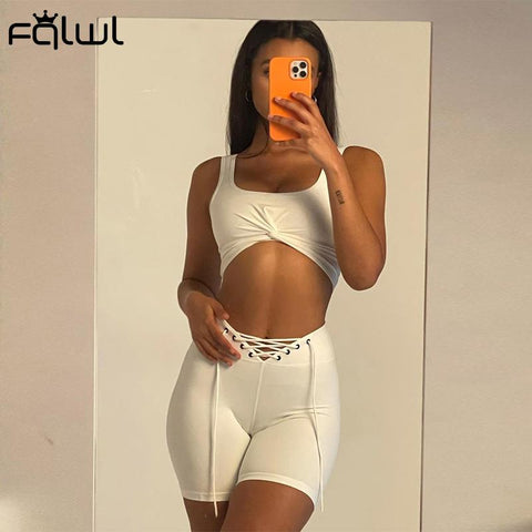 FQLWL Spring Bandage White Skinny Shorts Suits Sexy 2 Two Piece Sets Tracksuit Women Outfits Solid Cami Strap Backless Tank Top